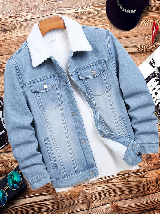 YASUYUAN Erkaklar Denim Kofte, Fleece Ichki Qismi bilan, 66.5% Paxta, 22.7% Polyester, 10.2% Viskoz, Oddiy Fit, Yengil Yaka, Tugma Qopqog'i, Qopqoq Cho'ntaklar, Bir Rangli