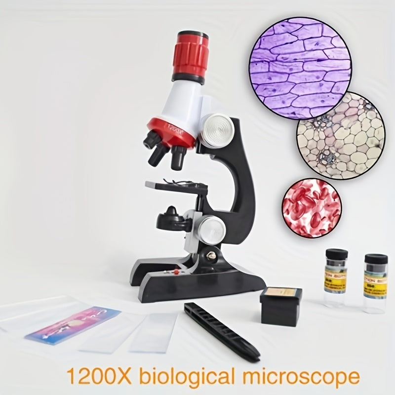 High-definition microscope set for kids with 100X-1200X magnification made of durable ABS material.