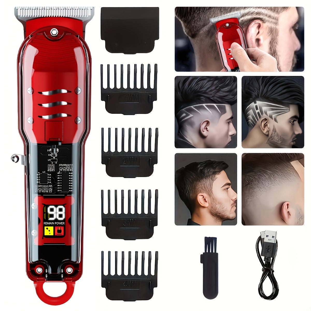 Sleek red electric hair clipper with LCD display, USB rechargeable, ideal for home, travel, and salons.