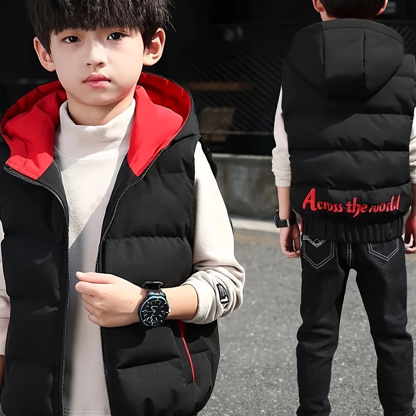 Boys' stylish hooded vest for fall/winter, featuring thick polyester material, zip-up closure, and color block design.