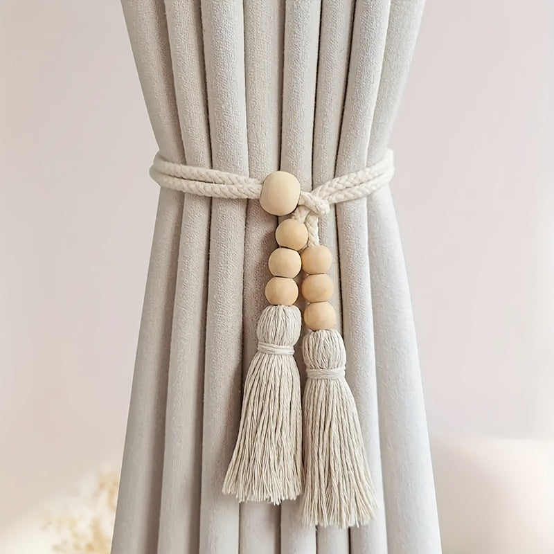 Set of 2 Bohemian Style Wooden Bead Curtain Tiebacks with Tassels - Stylish Holdbacks for Living Room, Bedroom, Kitchen Décor