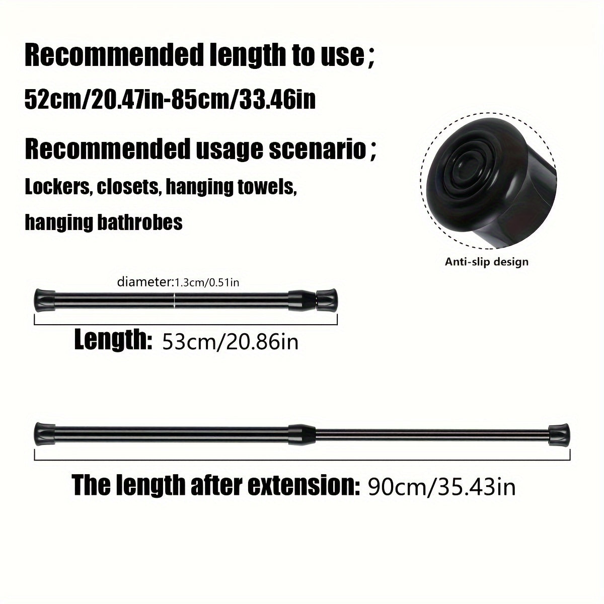 Telescopic rod with strong spring, easy to install, suitable for various uses like shower curtain, wardrobe support, towel rod.