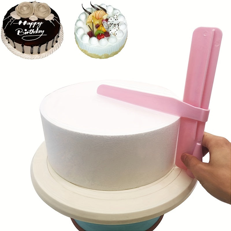 Cake decorating tool for achieving smooth edges and surfaces: Adjustable Height Cake Icing Spatula and Plastic Cake Smoother Scraper for Fondant Design.