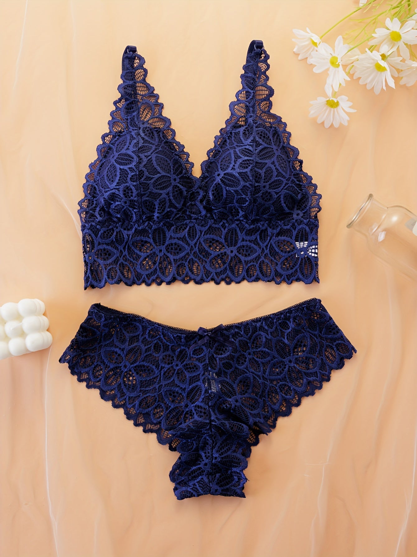 3-piece floral lace lingerie set with wireless bra and thong panties