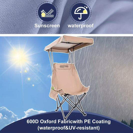 Portable folding camping chair with adjustable sun shade canopy, side pockets, 50+UPF sun protection, durable 600D Oxford fabric. Supports up to 149.69 KG, ideal for beach, camping, outdoor