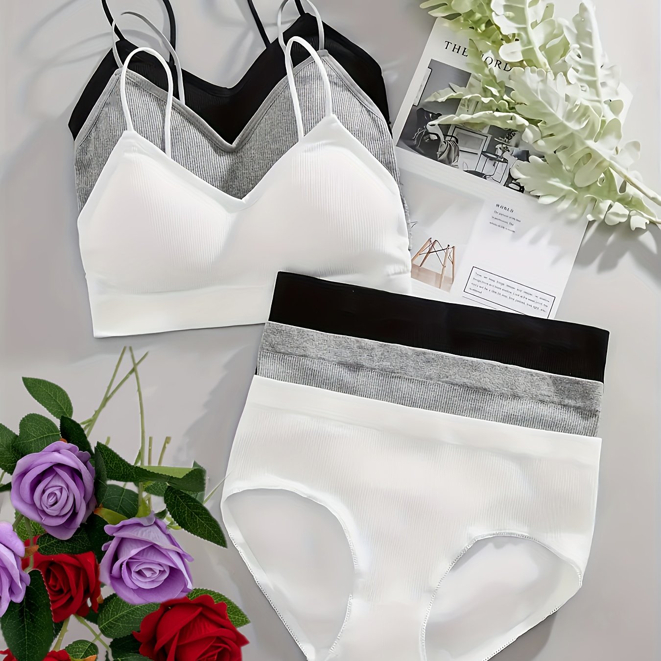 3-piece set of women's lingerie: ribbed push-up bra and stretchy briefs in solid color, made from nylon blend.