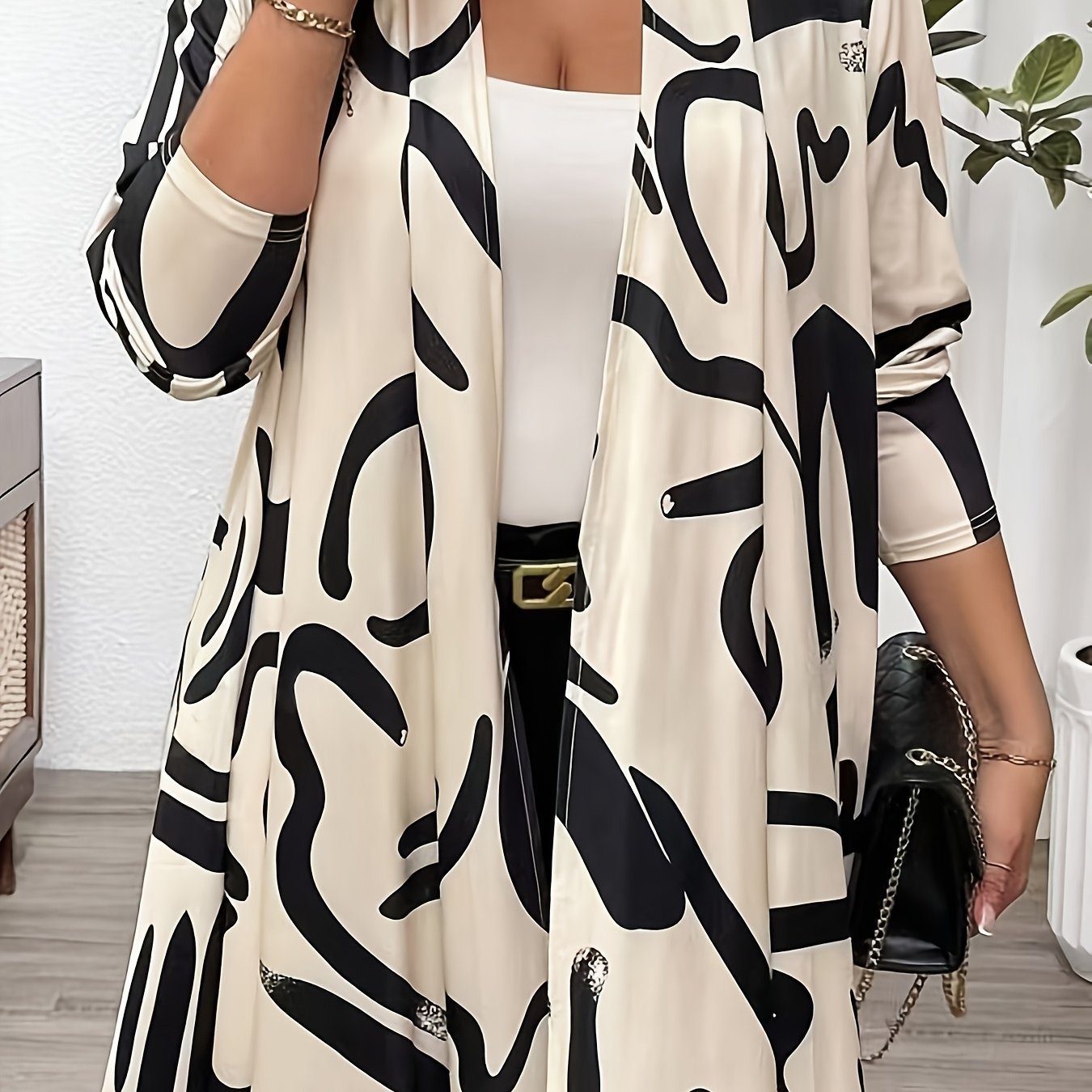 1pc Elegant Tropical Print Women's Long Sleeve Cardigan and Halter Neck Knit Polyester Blouse for All Seasons.