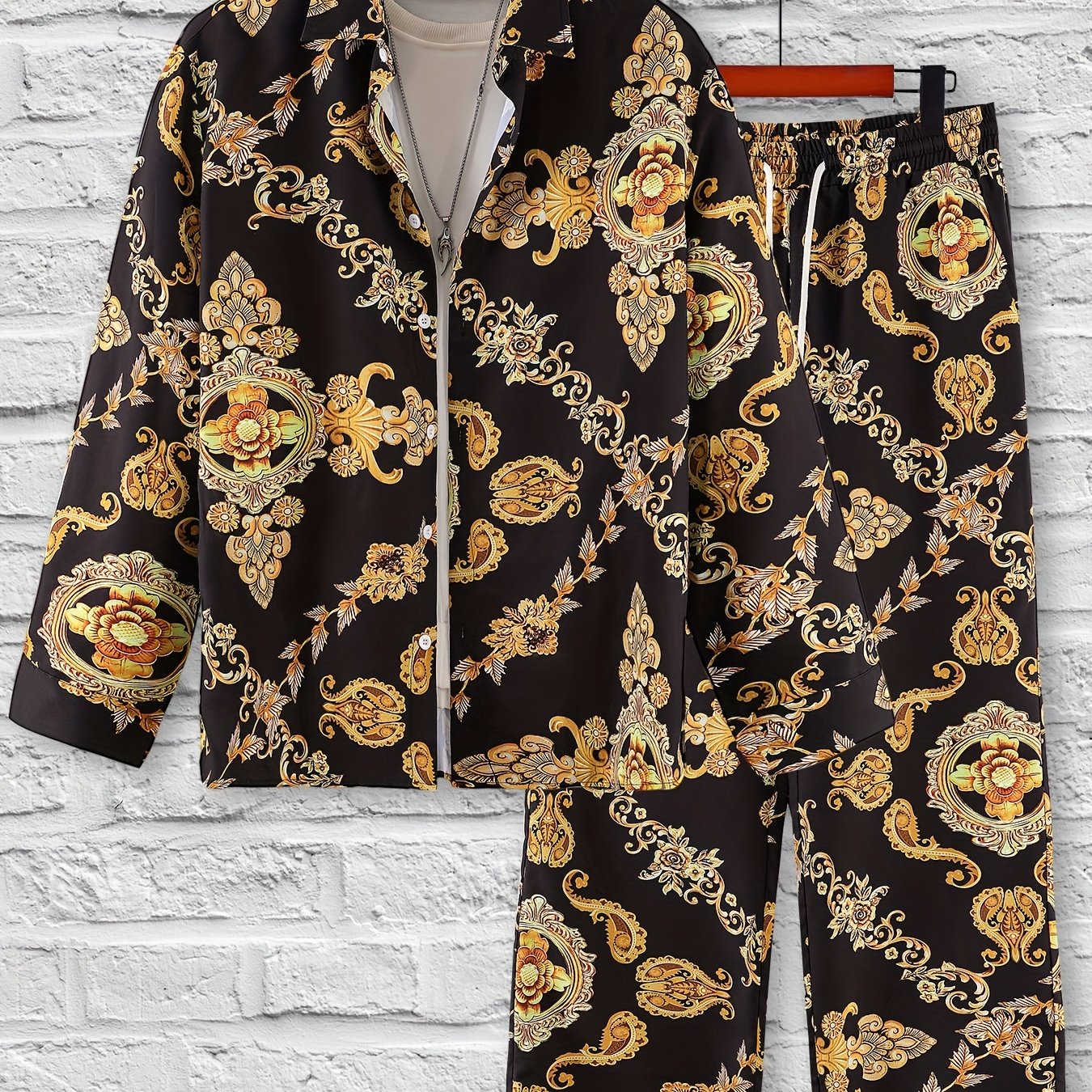 Men's Casual Baroque Style Printed Shirt Set with Elastic Waist Trousers and Pajamas.