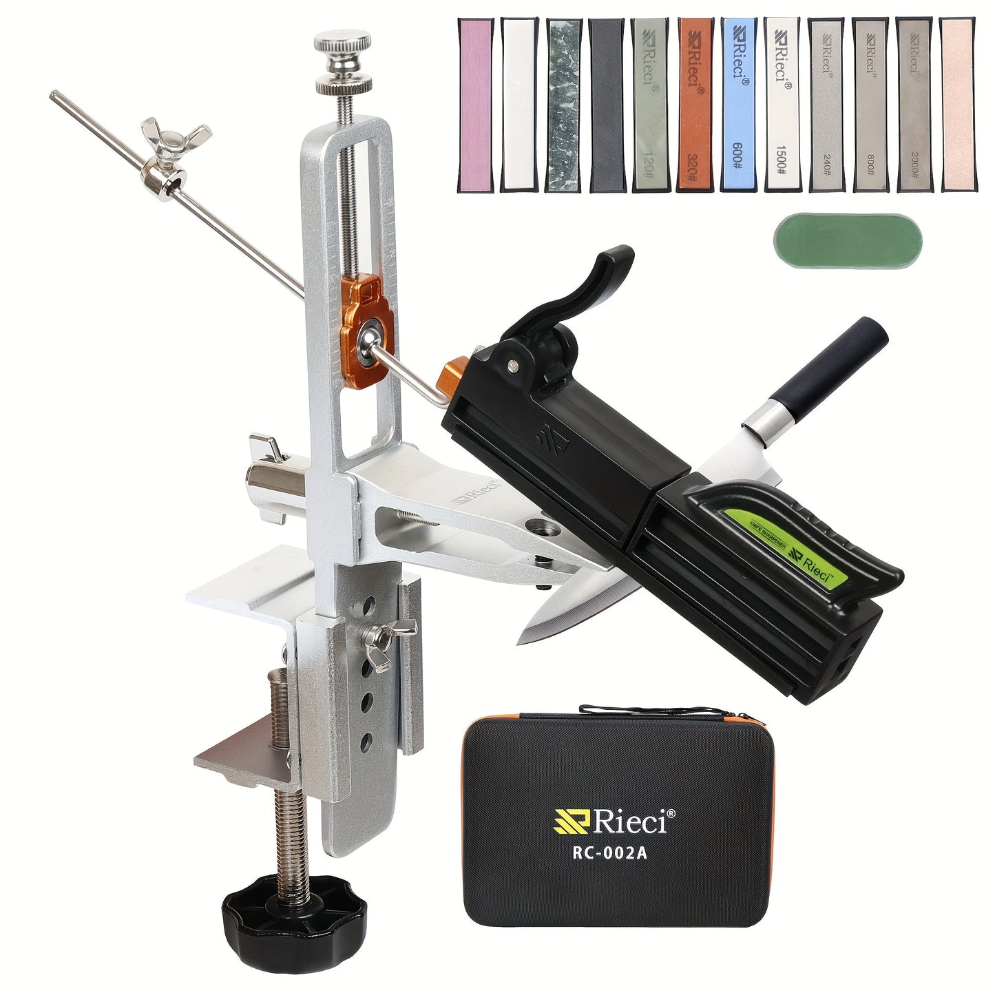 The RC-002A Professional Knife Sharpener System includes Whetstones, a Carry Case, and features a 360° Rotation Flip Design. It also includes a Fixed-Angle Stainless Steel Kitchen Chef Knife Sharpening Kit and Abrasive Holding System Tools.