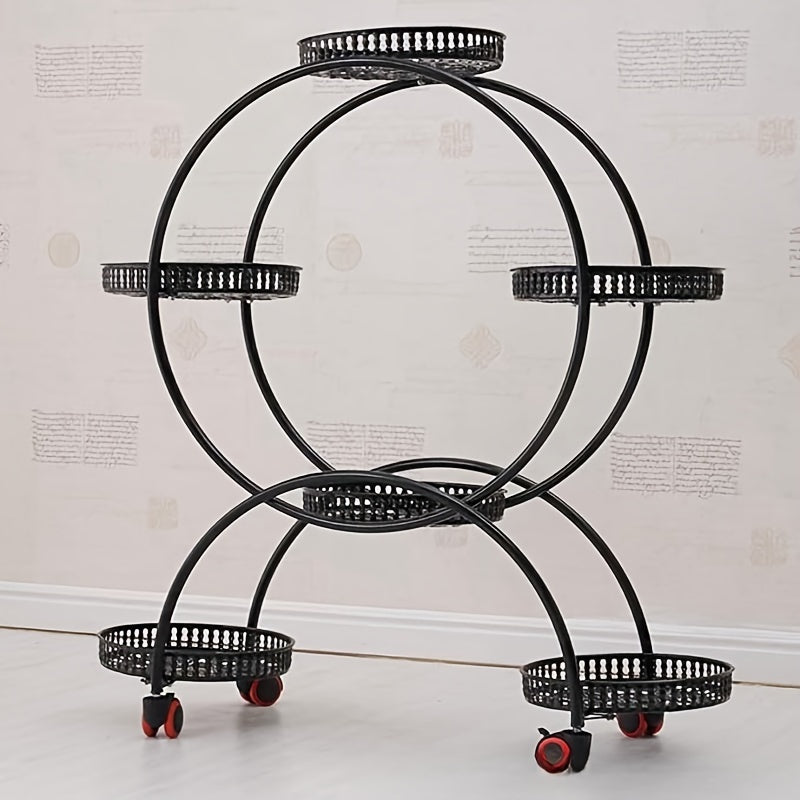 European-style metal hanging plant stand with wheels, multi-level mobile planter rack, circular design for indoors and outdoors.