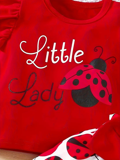 Adorable ruffled sleeve t-shirt and bow/ladybug shorts set for baby girls, ideal for casual outdoor wear this season.