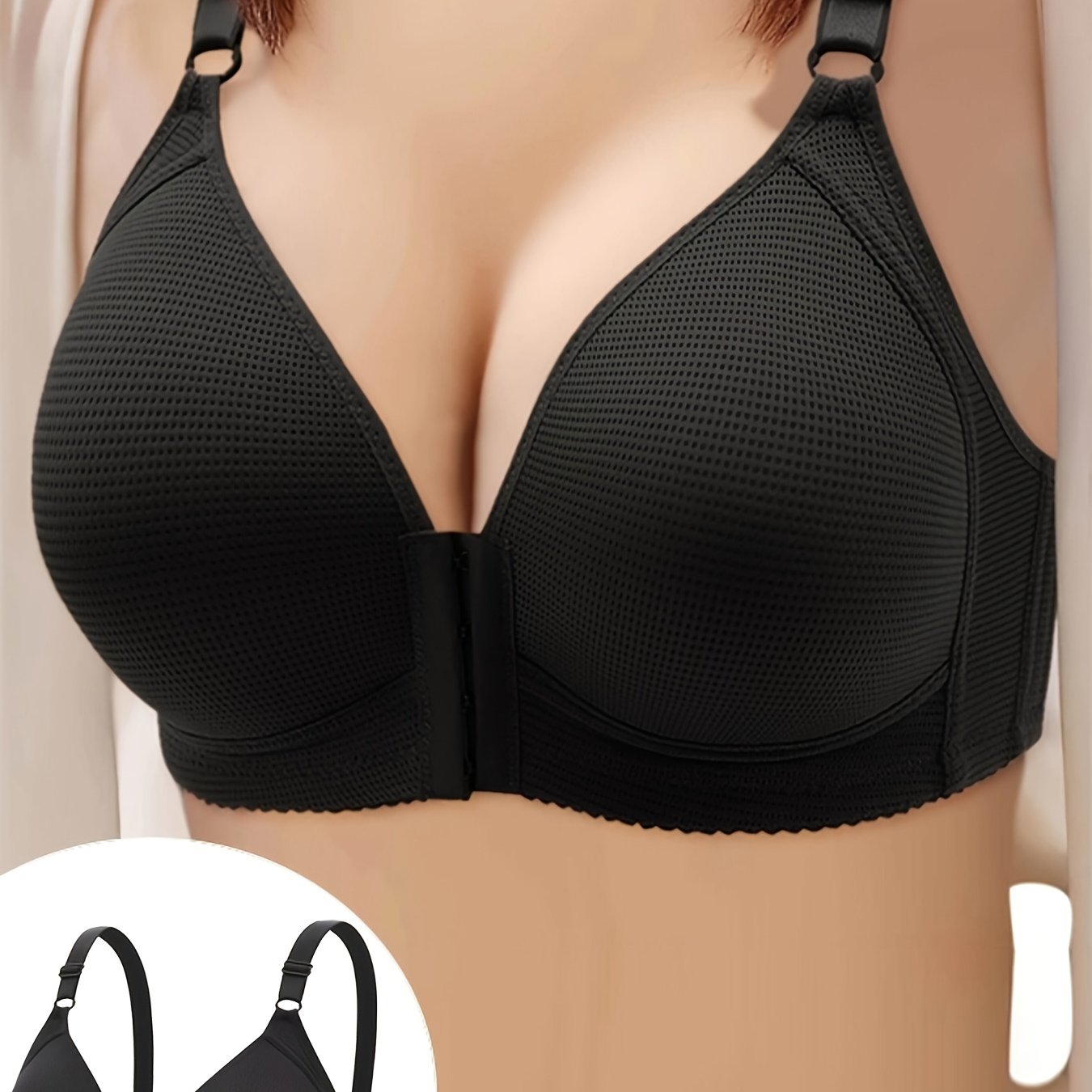 Front-closure plus size bra with breathable fabric, comfortable fit, non-removable padding, and suitable for all seasons.