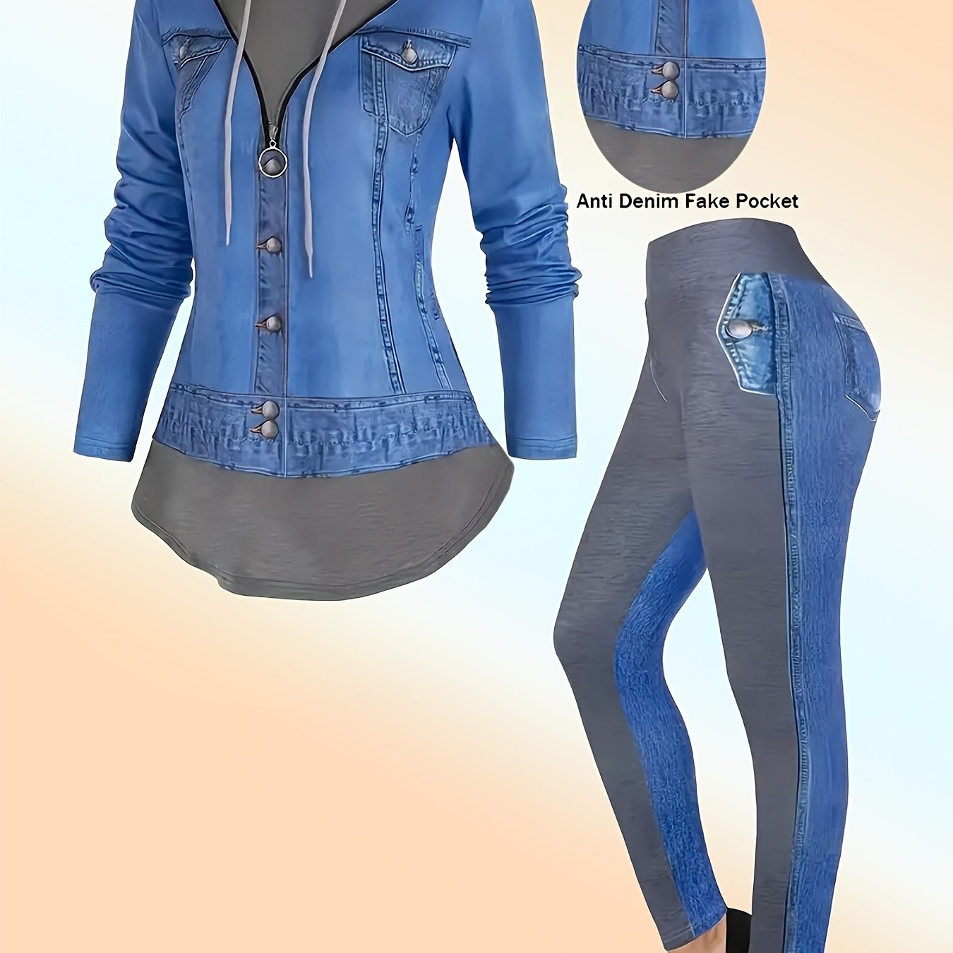 Oversized faux denim print hoodie and pants set for women, crew neck pullover with drawstring, long sleeve knit fabric, 90% polyester 10% spandex, all-over print casual set for daily wear.