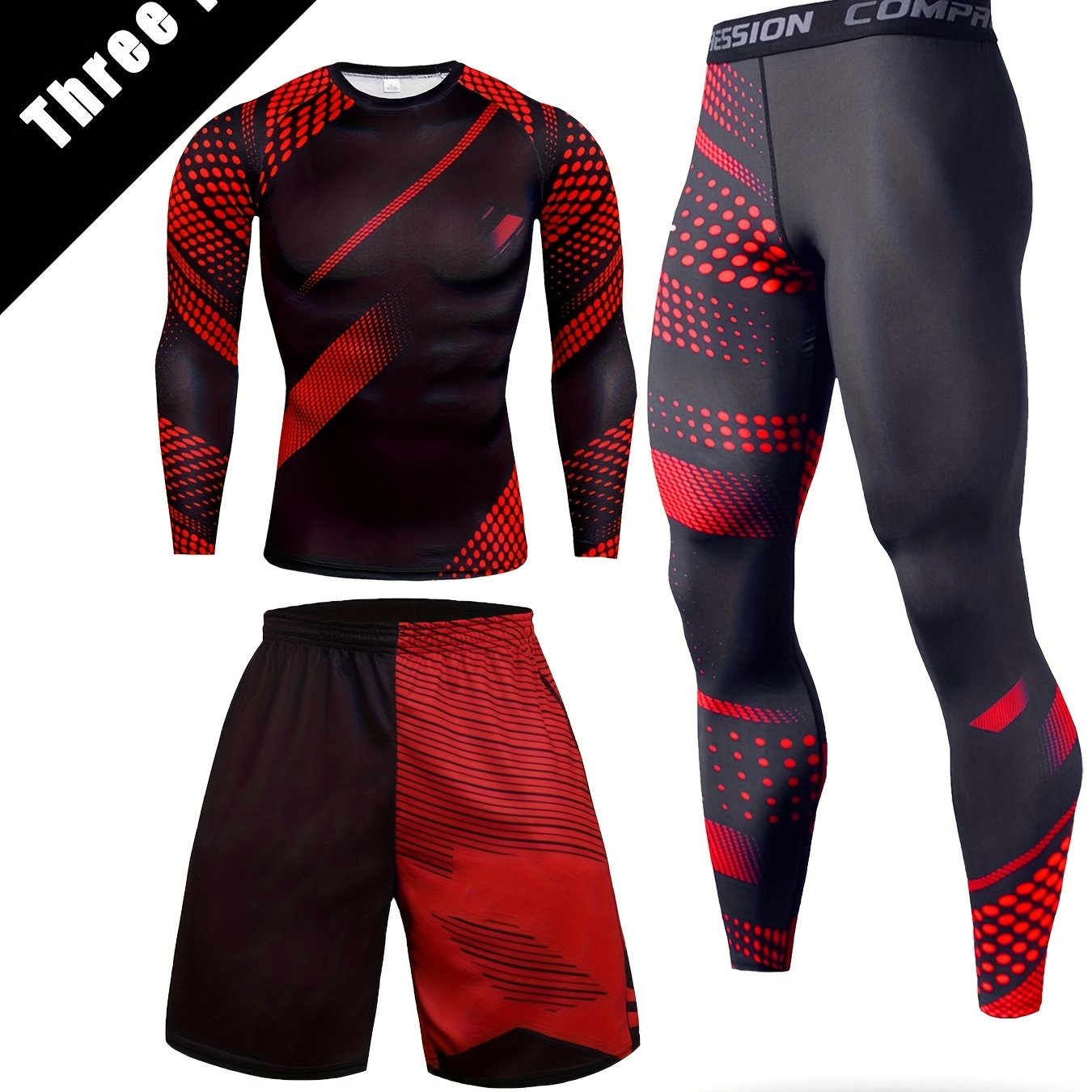 3-piece Men's Quick-drying Sports Suits: Long Sleeve Compression T-shirt, Breathable Shorts, High Stretch Leggings