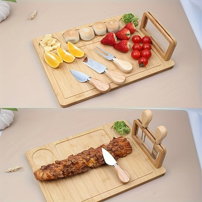 Premium bamboo cutting board and cheese cutter set for slicing fruits, cheese, and butter - Great gift for Father's Day and Mother's Day.