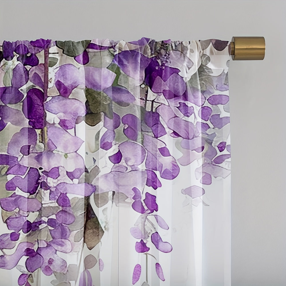 Set of 2 Beautiful Wisteria Floral Print Sheer Curtains - High Definition Digital Design, Luxurious Polyester Microfiber Material, Convenient Rod Pocket Style for Living Room & Bedroom, Simple to Hang and Machine Washable