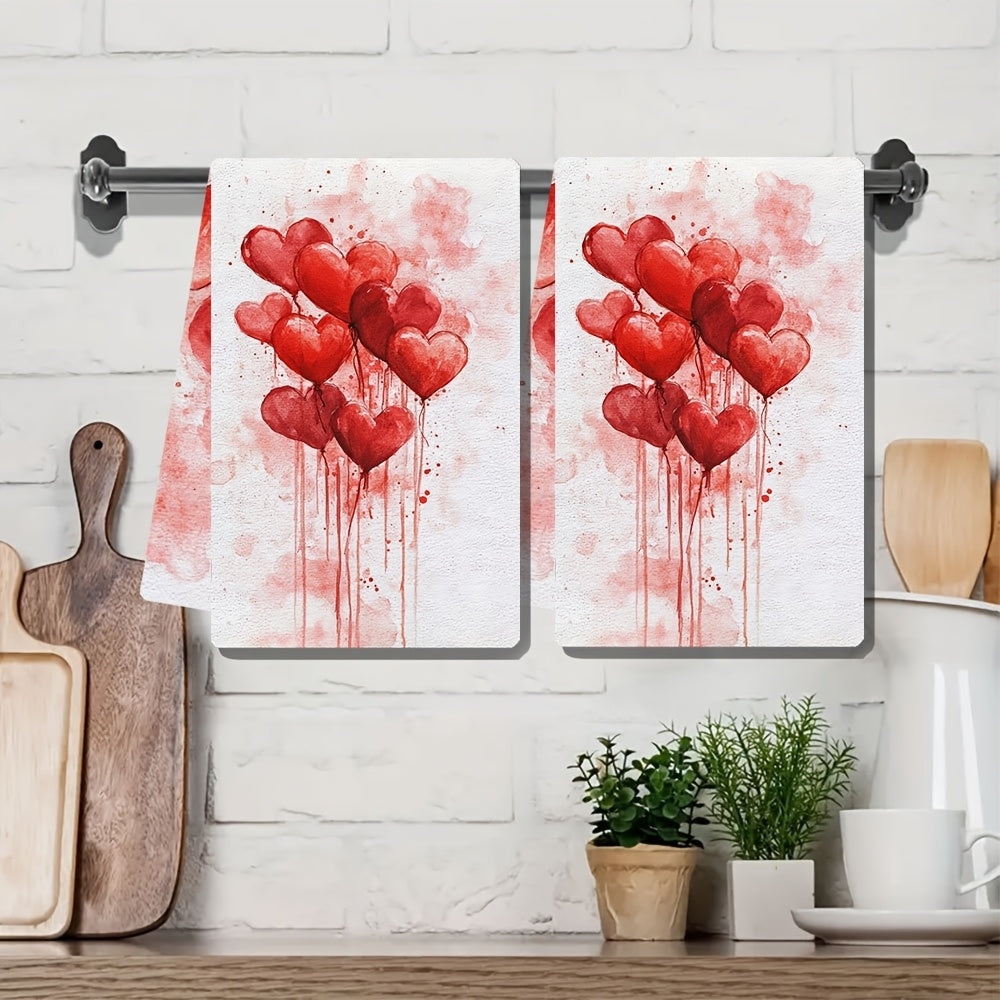 Set of 2 Ultra Soft Polyester Kitchen Towels - Adorned with Romantic Red Hearts, These Highly Absorbent & Machine Washable Dish Hand Towels are Ideal for Adding a Touch of Love to Your Valentine's Day Decor. Sized at 40.64x60.96 cm, these Dish Towels are