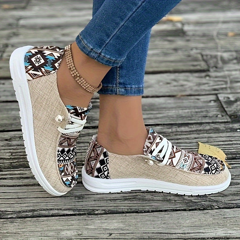 Women's Geometric Pattern Canvas Shoes, Casual Low Top Flat Shoes, Lightweight Sneakers