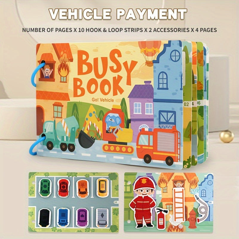 Preschool quiet book with sticker toy theme for educational play.