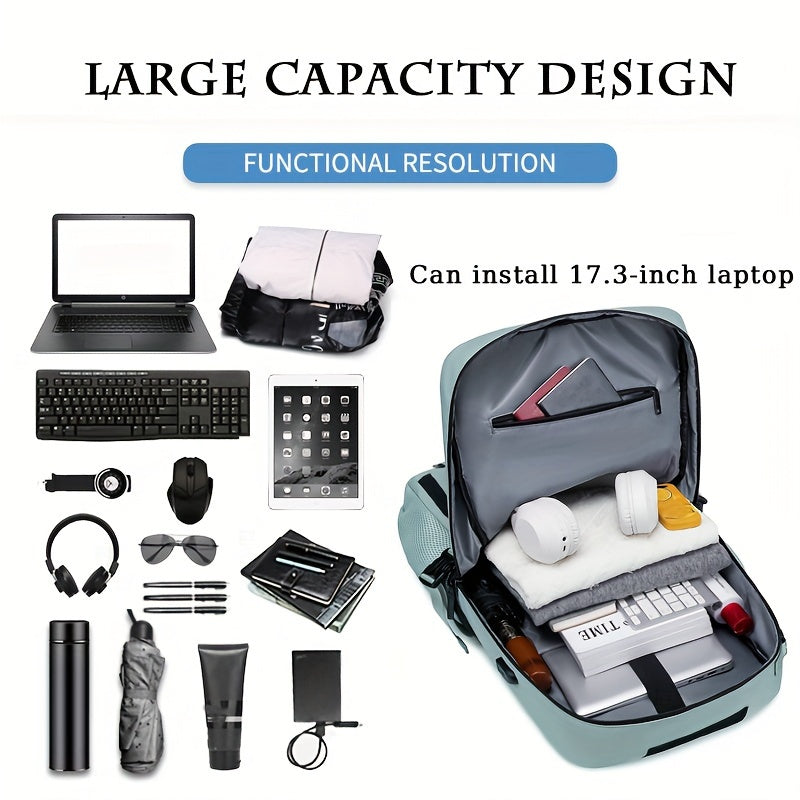 Stylish hiking backpack for men and women with shoe compartments, charging ports, and space for a 17-inch laptop. Ideal for leisure, campus, daily commute, travel, and fitness.