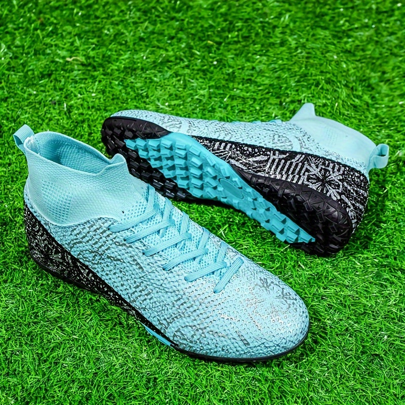 Men's & Women's high-top soccer cleats for artificial grass outdoor sports training. Breathable and non-slip with all-season, all-weather grip. Rubber sole, fabric insole & lining, and