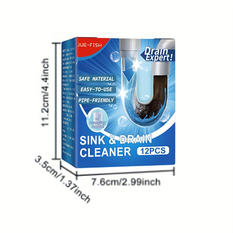 12 pieces of Sink & Drain Cleaner for removing clogs and deodorizing drains in your home's bathroom and kitchen. This cleaning tool is an essential for apartments.