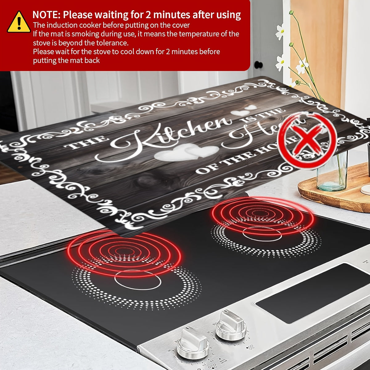 Transform your kitchen  with the "The Kitchen is the Heart of the Home" Diatom Mud Electric Glass Stove Top Cover. This versatile kitchen mat measures 72.39x52.07cm and features an anti-scratch rubber protective pad, making it ideal for use on ceramic