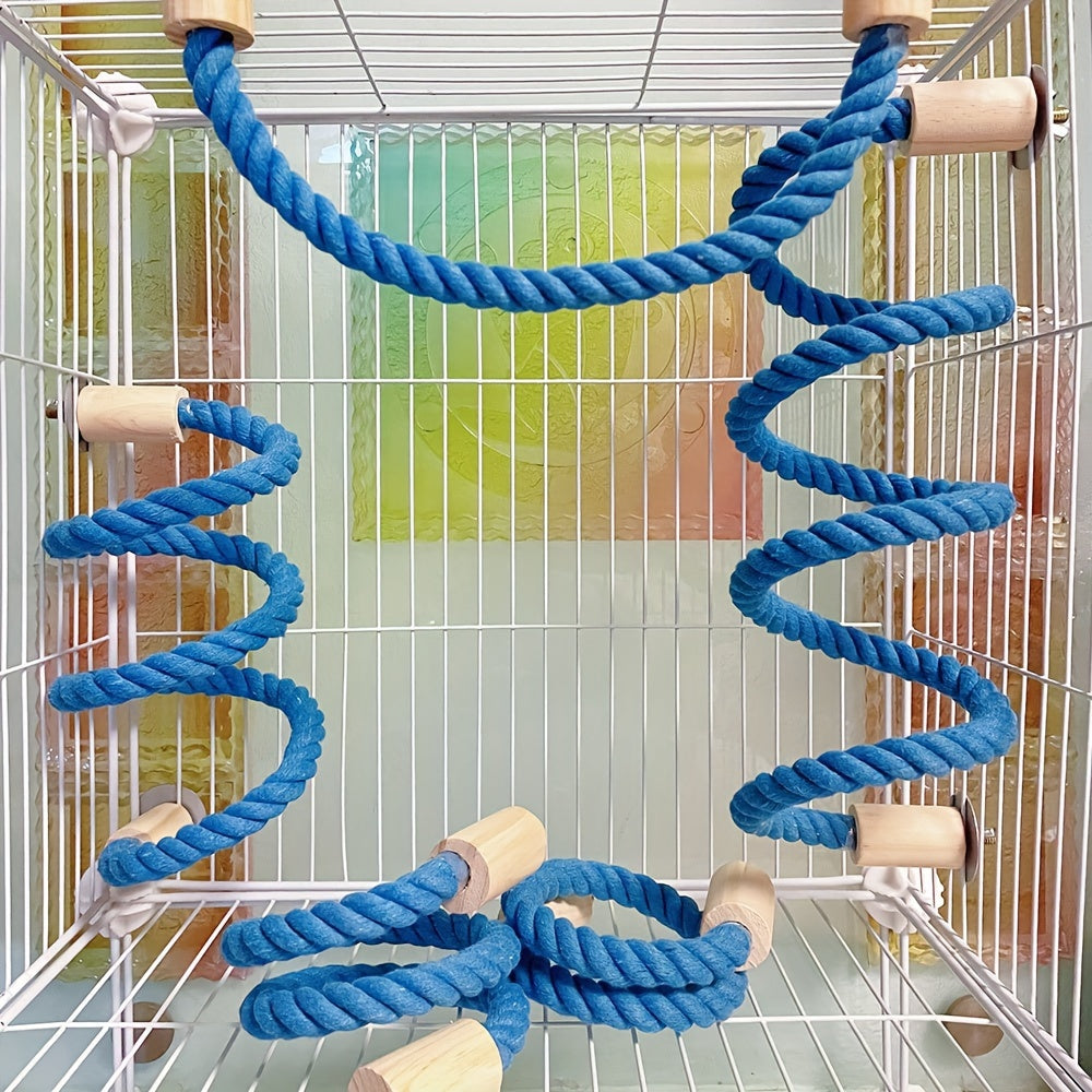 Bird perch made of blue braided rope with wooden platforms, suitable for various bird species and small pets.