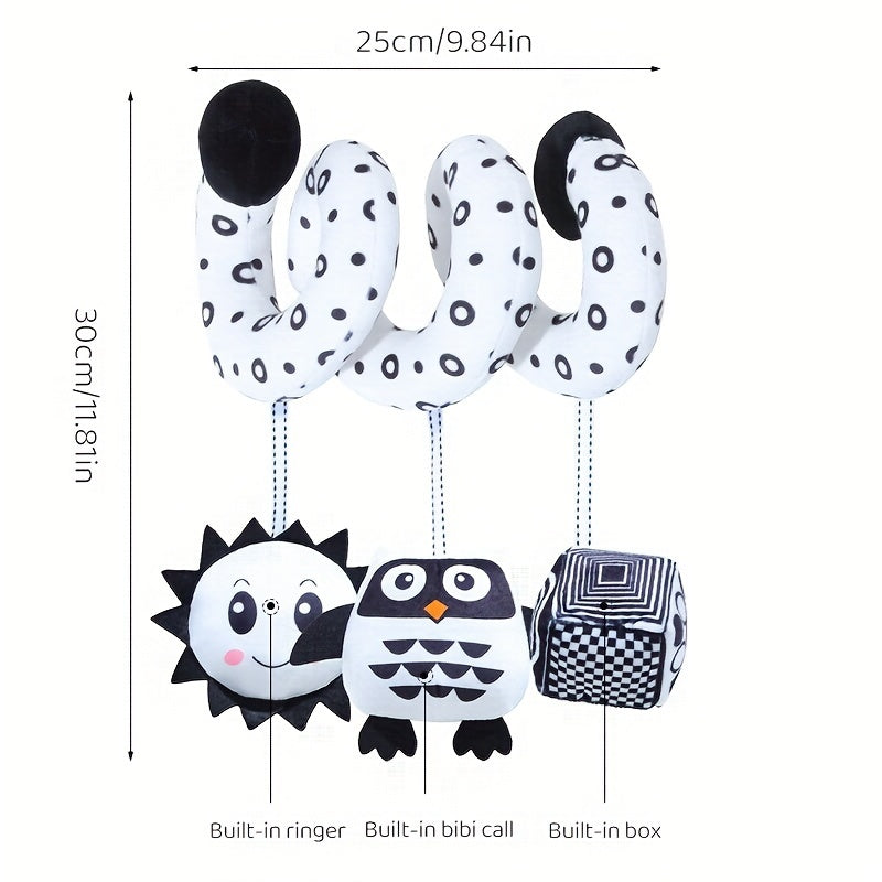 Black and white baby hanging toys with animal-themed designs, perfect for decorating strollers and car seats. These plush spiral toys are ideal for entertaining babies while traveling. Choose from bee, owl, or beetle styles.