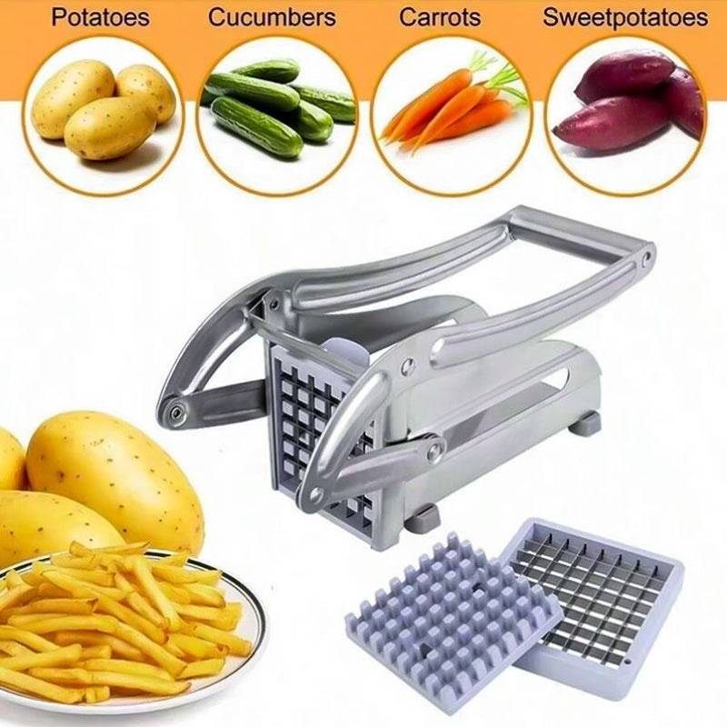 No electricity needed for this multifunctional stainless steel French fry cutter and manual potato dicer with 2 blades. This cast iron kitchen utensil is perfect for cutting vegetables and fruits.