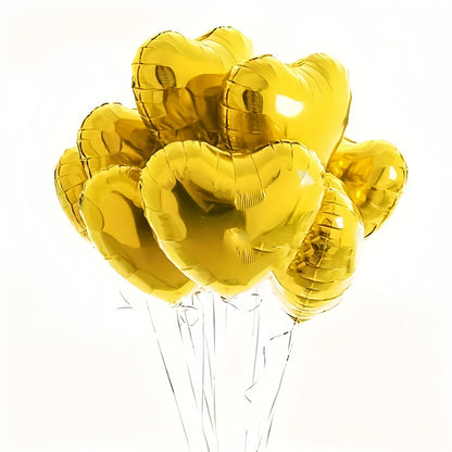 10 heart-shaped foil balloons for Valentine's Day, birthdays, weddings, anniversaries, themed events, engagements, and parties.