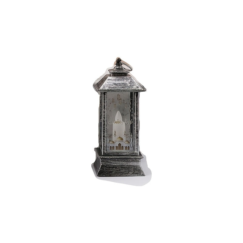 Rustic LED lantern for home decor and festive celebrations, battery operated with included button battery, perfect for Eid al-Fitr and holiday ambiance. Traditional style lantern made of