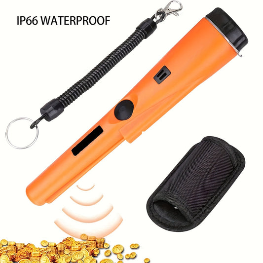 Adjustable sensitivity pinpointer metal detector with 360 degree search, LED indicator, belt holster, buzzer, battery-operated (batteries not included).