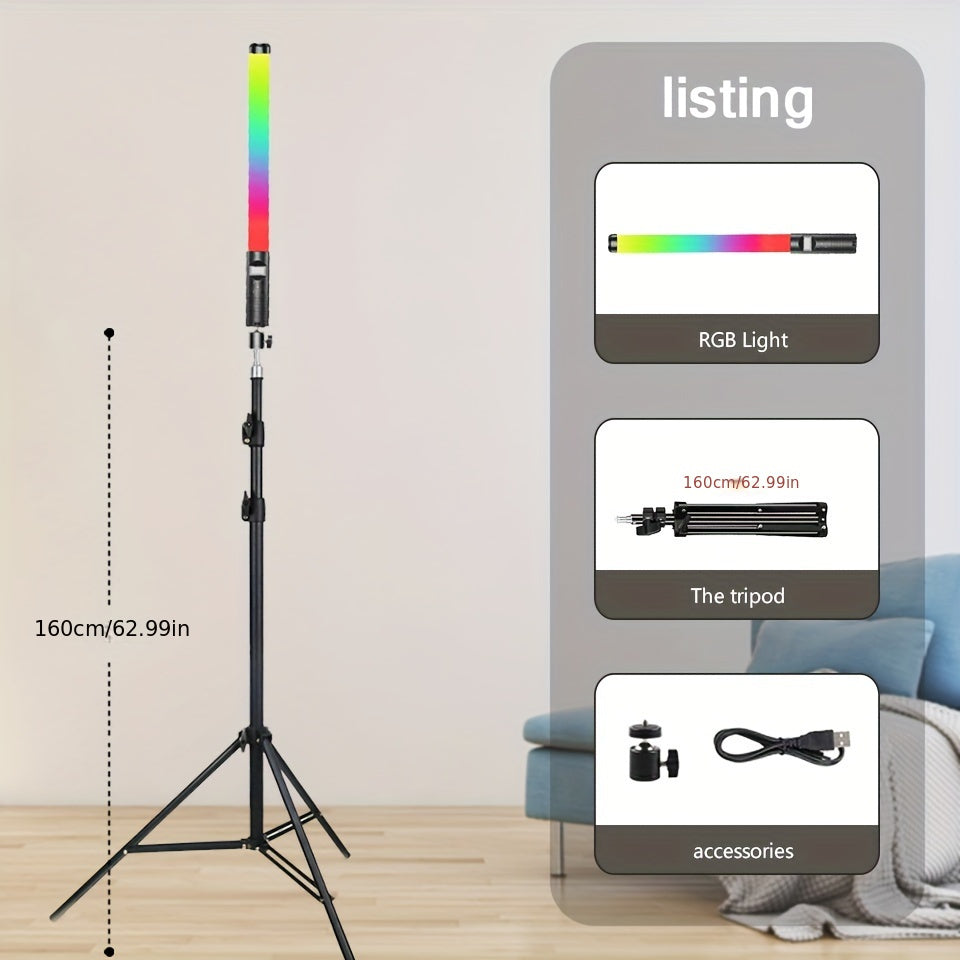 Handheld RGB video stick light with adjustable color temperature and CRI 95+, built-in battery, tripod stand, and dimmable panel for various uses.