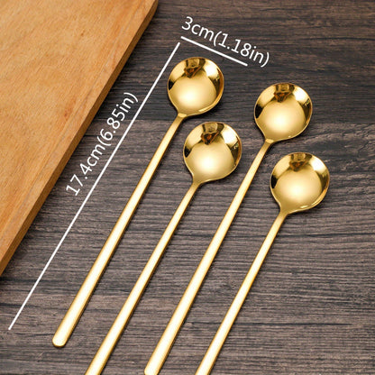 Set of 4 Stainless Steel Long-Handled Spoons - Ideal for Coffee, Milk, Ice Cream, and Honey - Beautiful Gold Finish, Small Round Design, Great for Mixing and Serving Cake