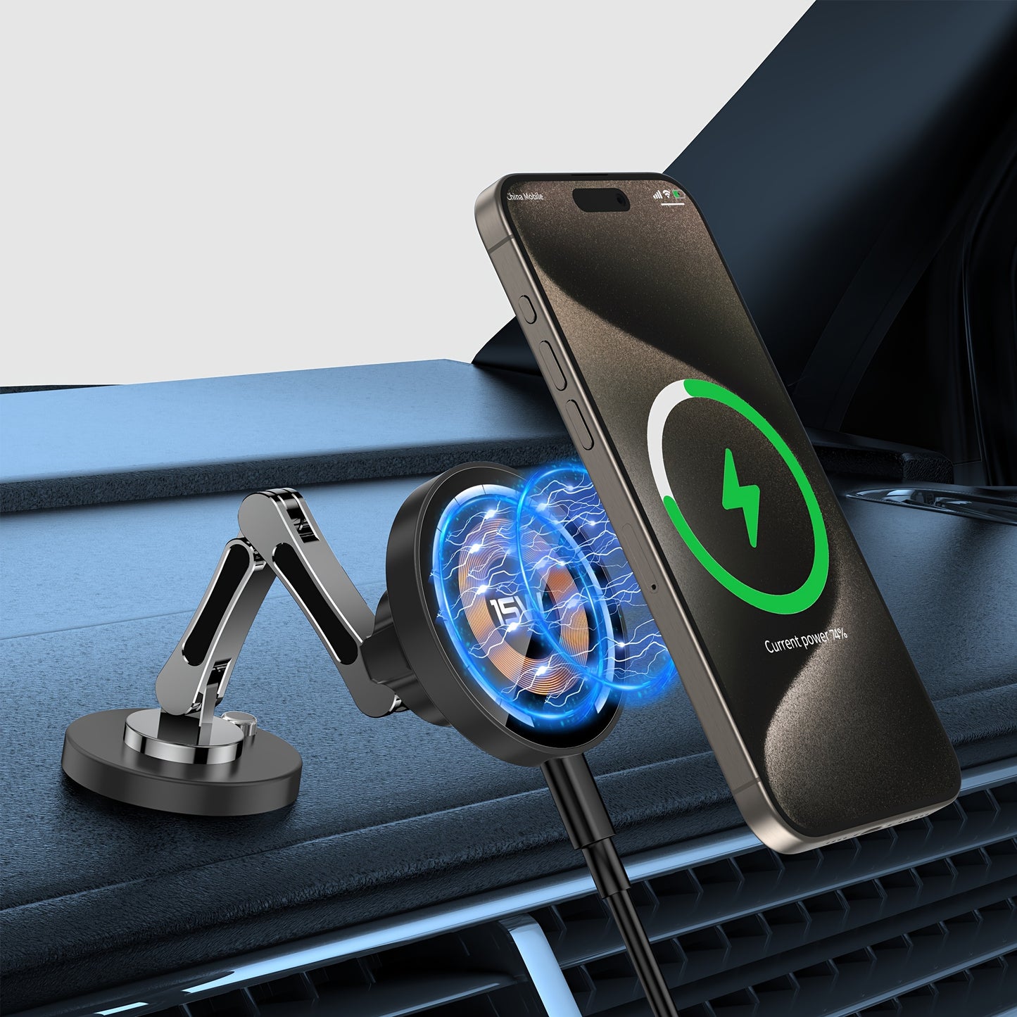 New Car phone magnetic wireless charger 15W with 360-degree rotation, telescopic angle, shake-proof for Apple phones without battery.