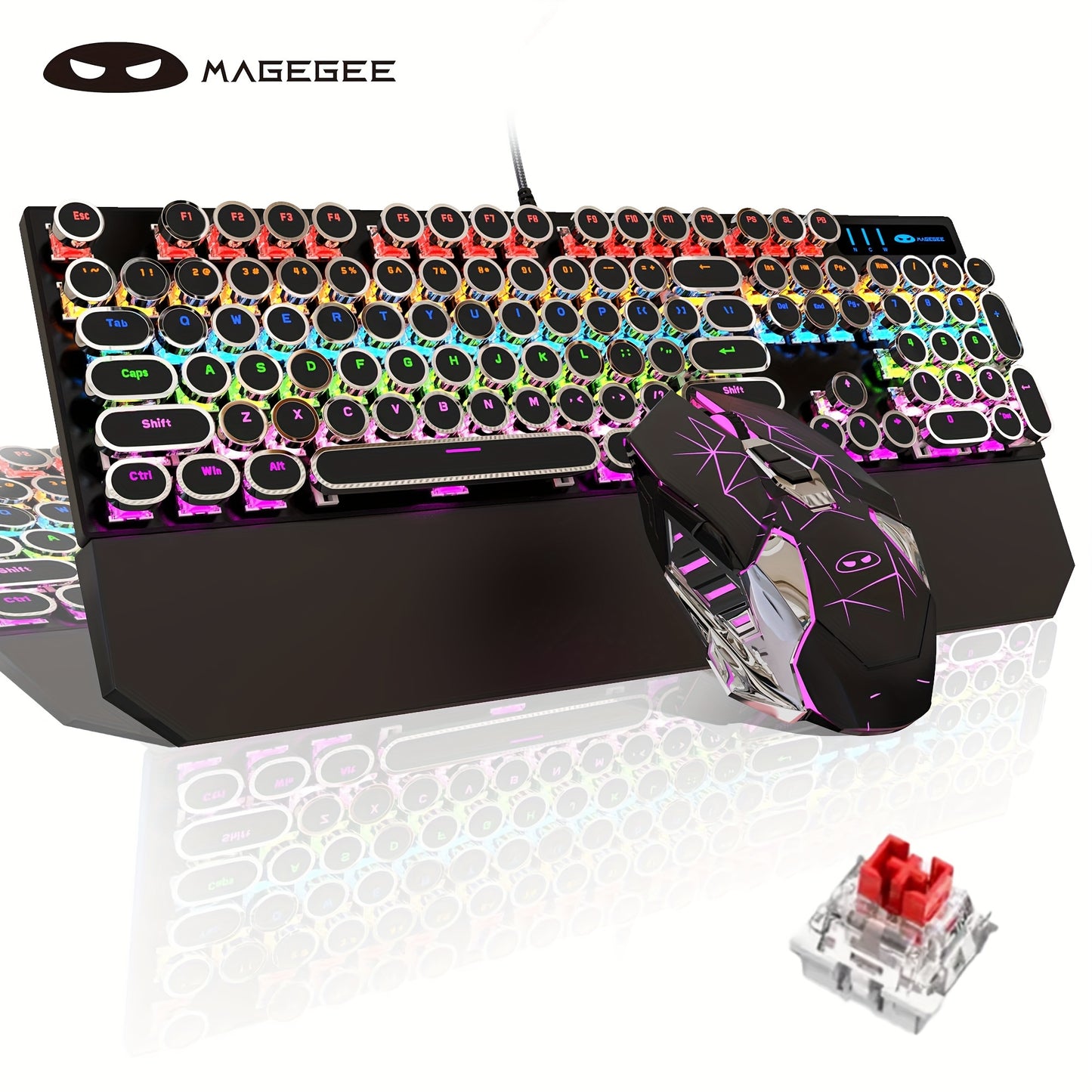 MageGee Typewriter Mechanical Gaming Keyboard with RGB Rainbow Backlit Round Keycaps suitable for Game and Office use on Windows, Laptop PC, and Mac.