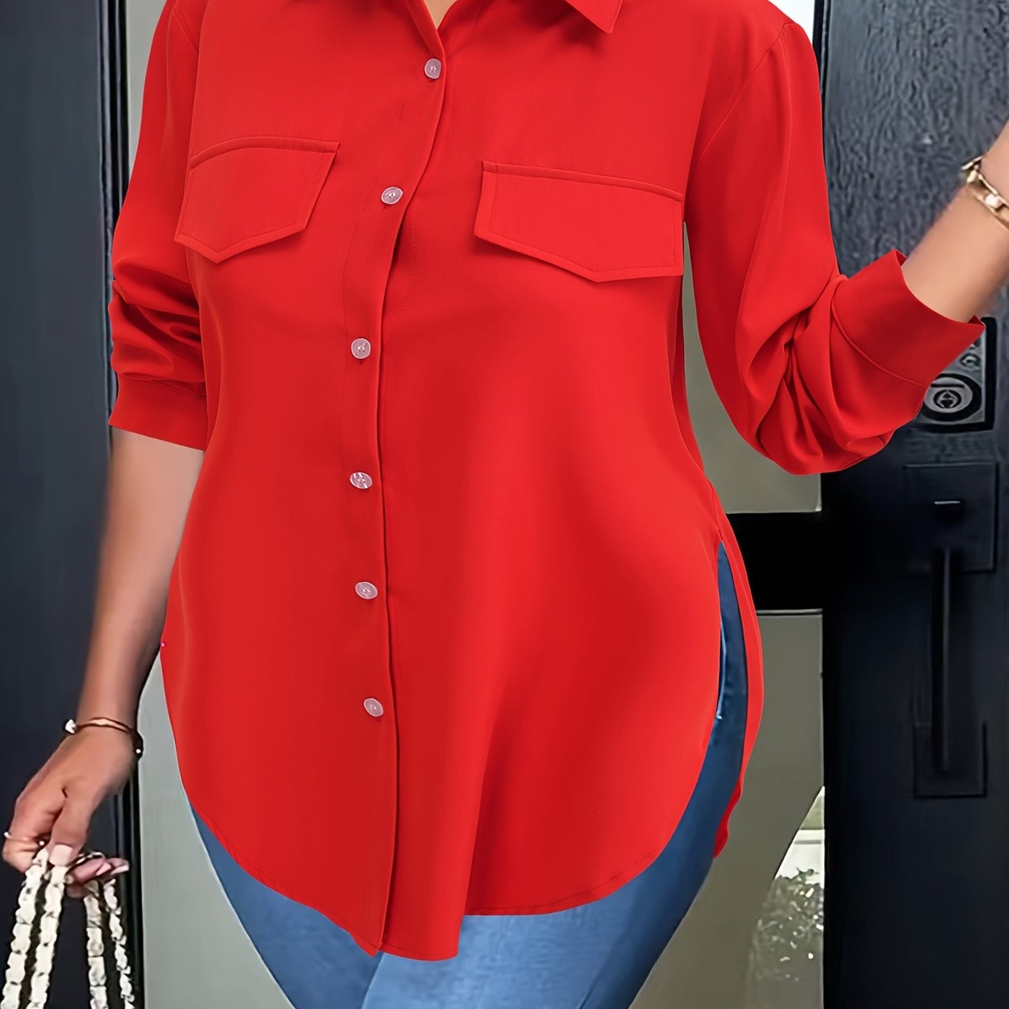 Curved hem blouse for spring, button front and collared, plus size.