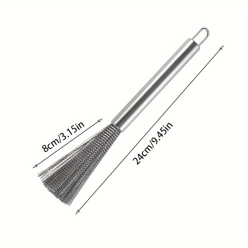 A stainless steel kitchen brush with a long handle and multiple functions, designed for cleaning pots and pans.