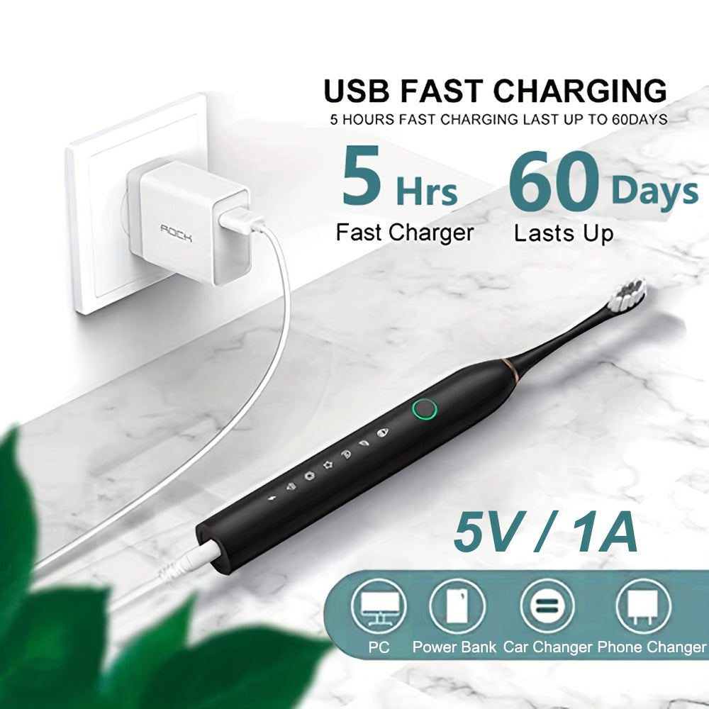 Rechargeable USB electric toothbrush with 6-speed vibration and 28000 VPM power, includes 4 or 8 special soft brush heads for adults.