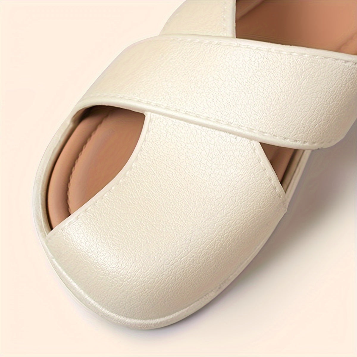 Stylish women's sandals with cross strap design, breathable PVC cover, flat heel. Available in white, beige, black. Perfect for vacations.