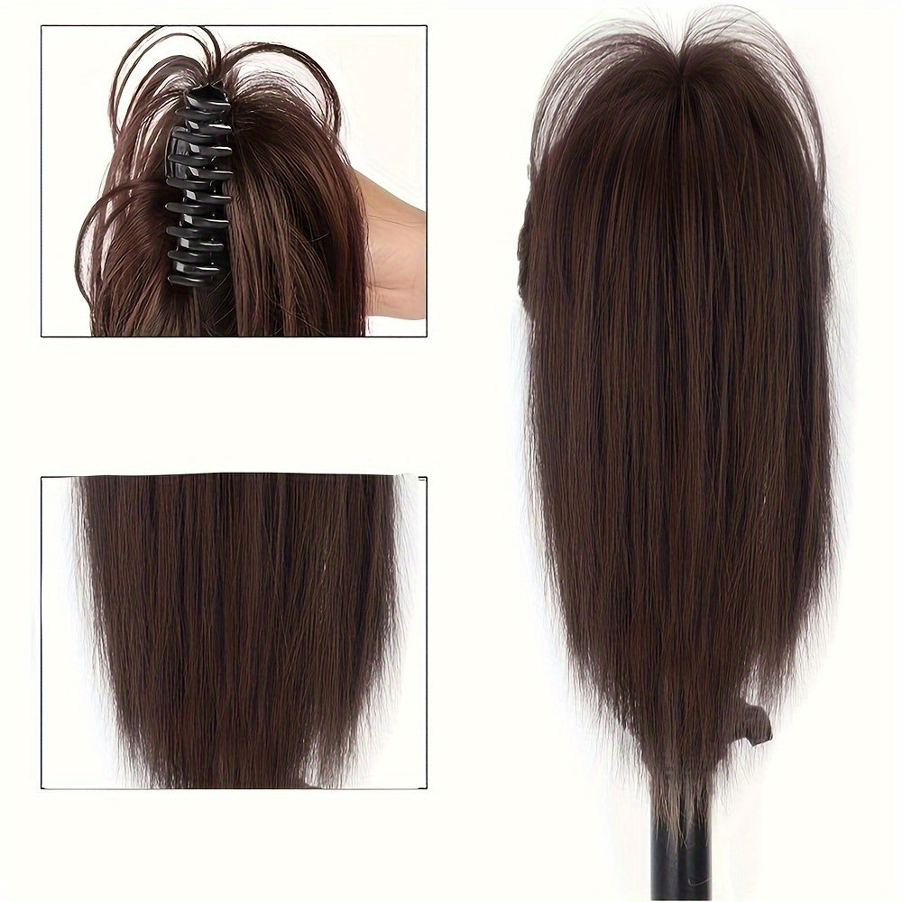 Women's synthetic claw clip ponytail extension with medium long straight hair for a natural look. Easy to wear for daily use.