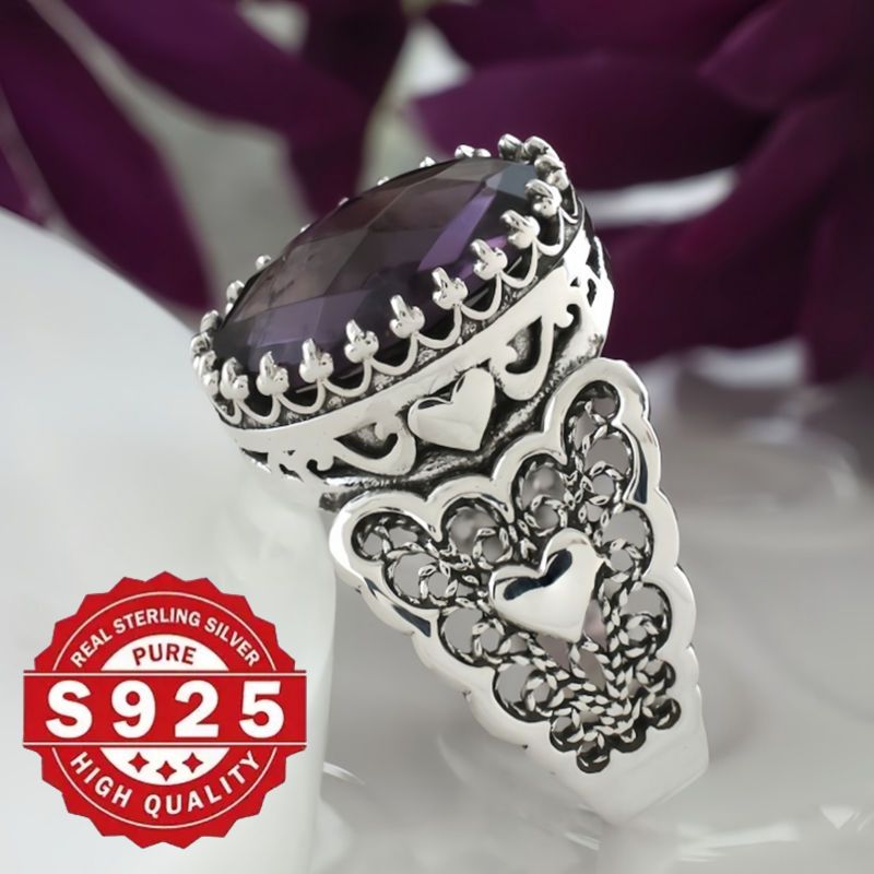 Handcrafted Filigree Art Detail 925 Sterling Silver Heart Cocktail Ring with Amethyst Gemstone, Ideal for Weddings and Parties, Durable for Everyday Wear