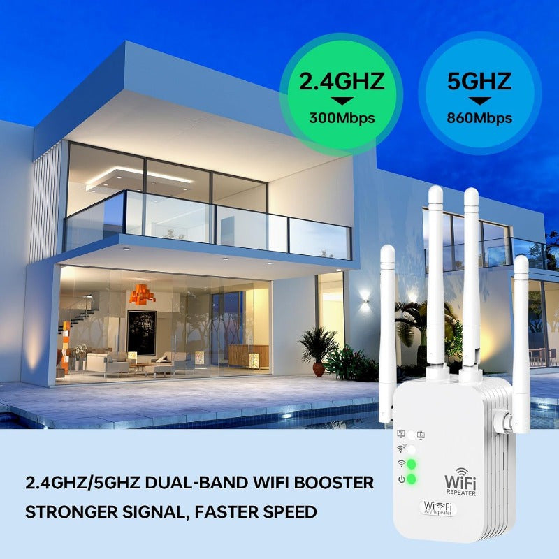 High-speed WiFi extender boosts signal over large area, supports 150 devices, dual-band for stability in home or office.