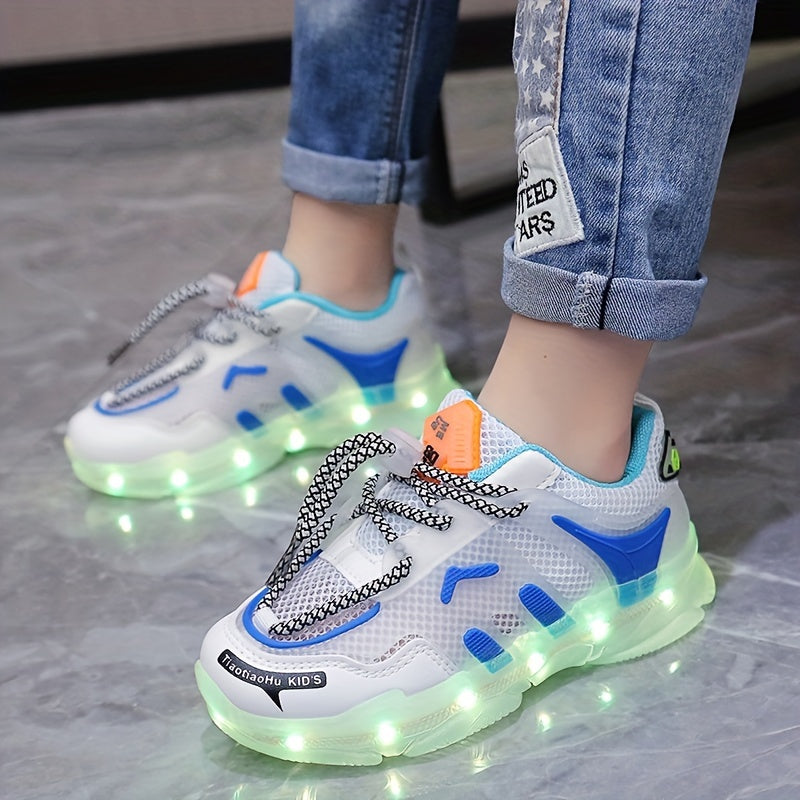 Children's LED light-up sneakers with breathable mesh, non-slip soft sole, and trendy street style for nighttime visibility, ideal for outdoor play and sports in white/blue/orange designs.