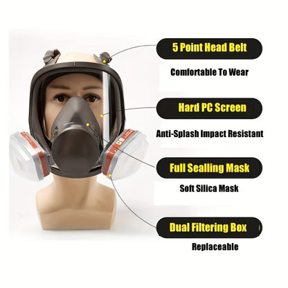 6800 Full Face Chemical Respirator Gas Mask with a 1 facepiece for painting, spraying, and chemical safety work, providing formaldehyde protection in sizes ranging from 7.62 to 68.58 cm.