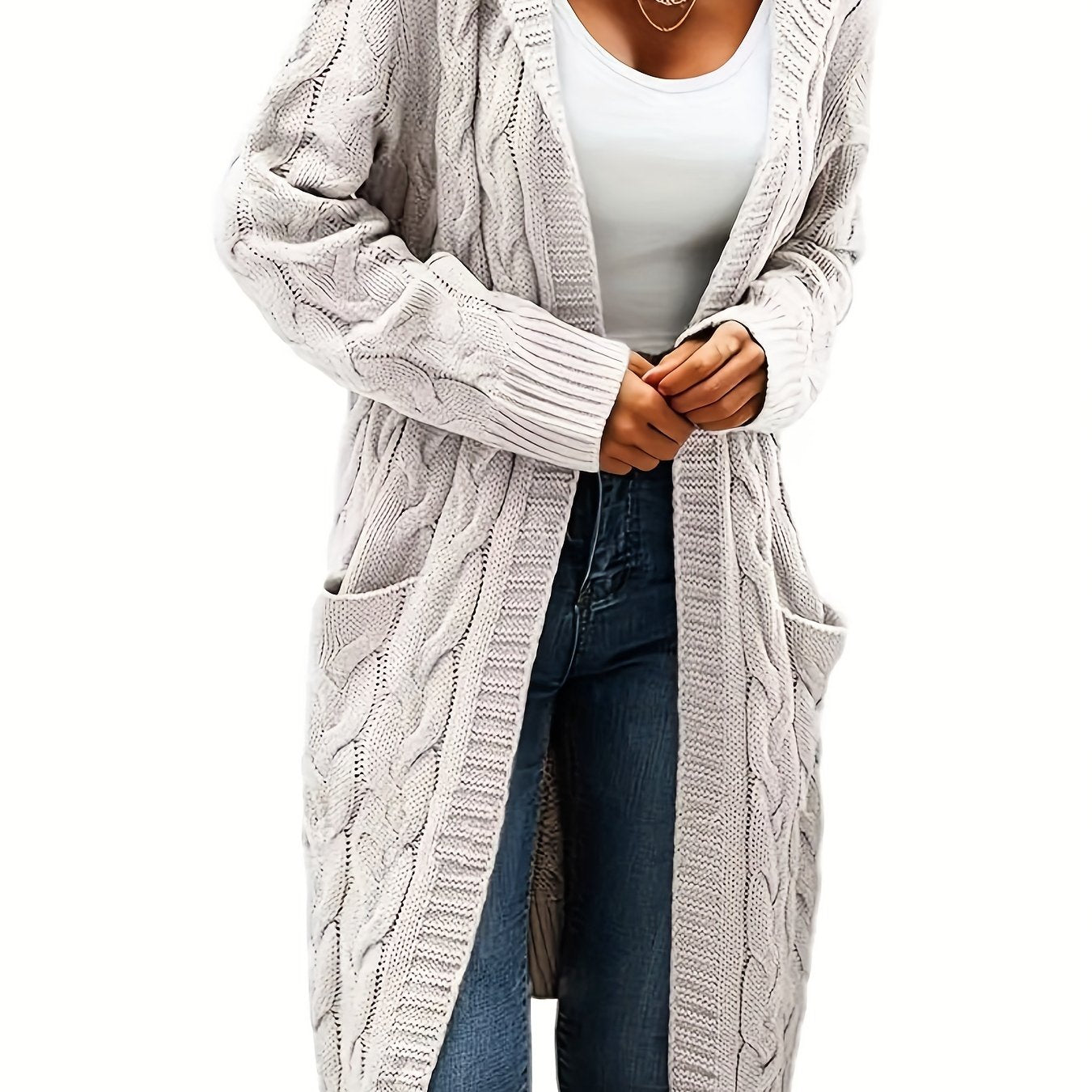 Casual hooded cardigan with cable knit pattern and front pockets, made of cozy acrylic for fall/winter. Machine washable and perfect for layering.