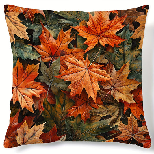 Autumn-themed pillow cover with pumpkin, sunflower, and maple leaf design. Single-sided print, zip closure, hand washable polyester, suitable for sofa and bedroom decor.