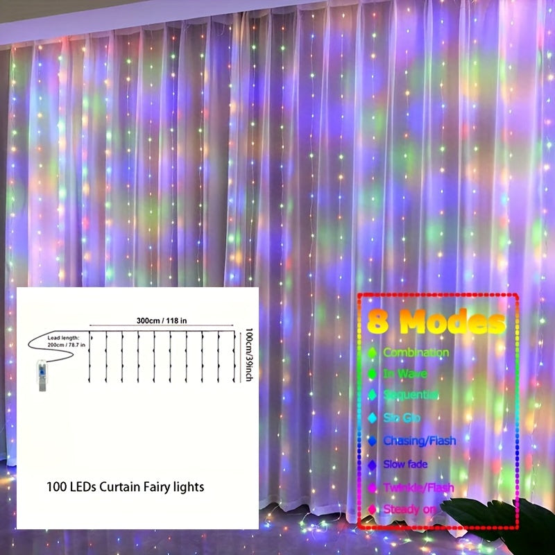 1pc Fairy Lights Curtain with 8 Modes Timer Remote, USB Lamps for Bedroom, Backdrop, Wedding, Party, Eid Al-Adha Mubarak.