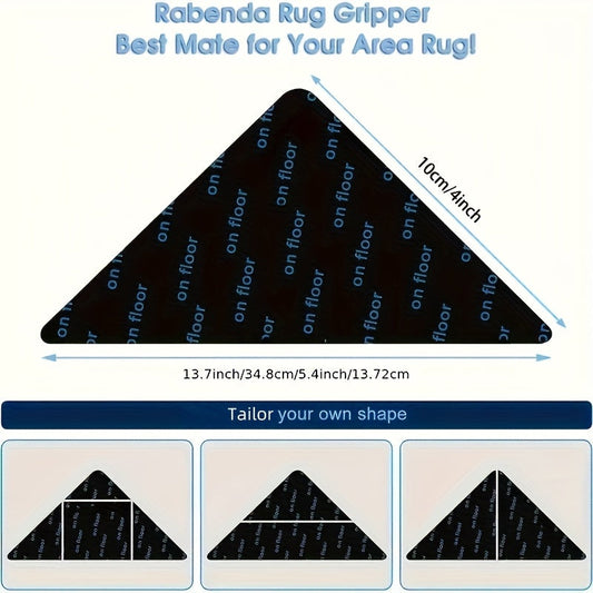 Grippers for Rugs: Choose from 4, 8, or 12 pieces. These anti-slip rug grips are perfect for hardwood floors and tiles. The reusable and washable rug tape is ideal for area rugs. The dual sided adhesive rug pad gripper ensures corners stay flat.